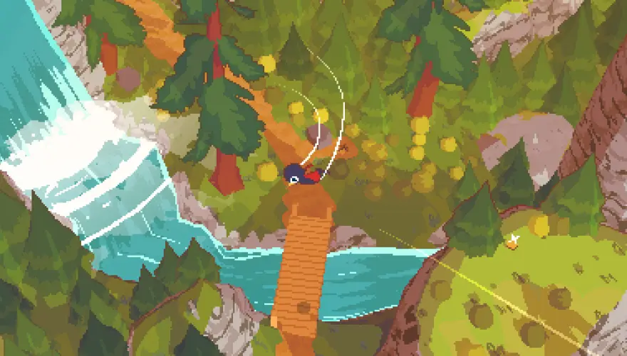 A Short Hike — wodospad i drewniany pomost na zielonej wyspie