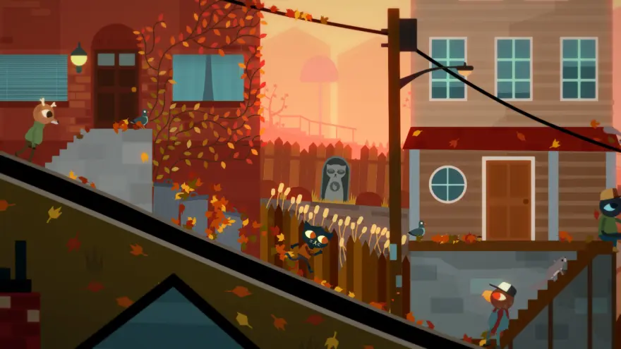 Night in the Woods — jesienna uliczka miasteczka z rysunkowymi mieszkańcami
