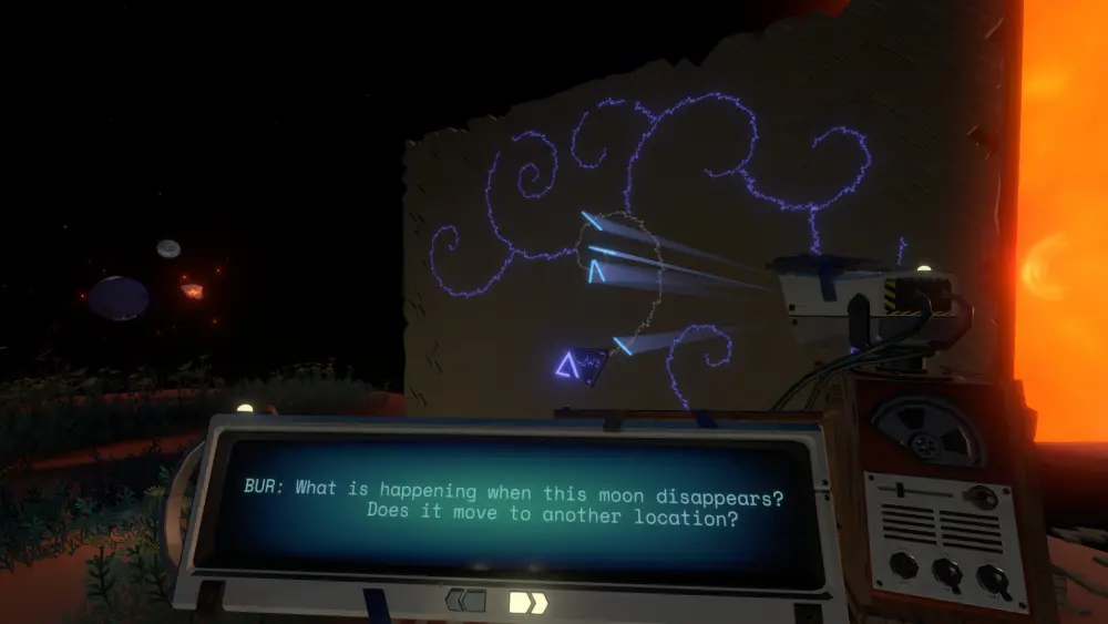 Outer Wilds — ekran tłumacza z zapisem rozmowy obcej cywilizacji
