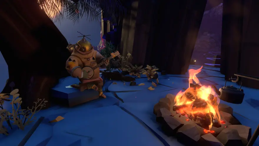 Outer Wilds — postać przy ognisku nocą, obok statek kosmiczny