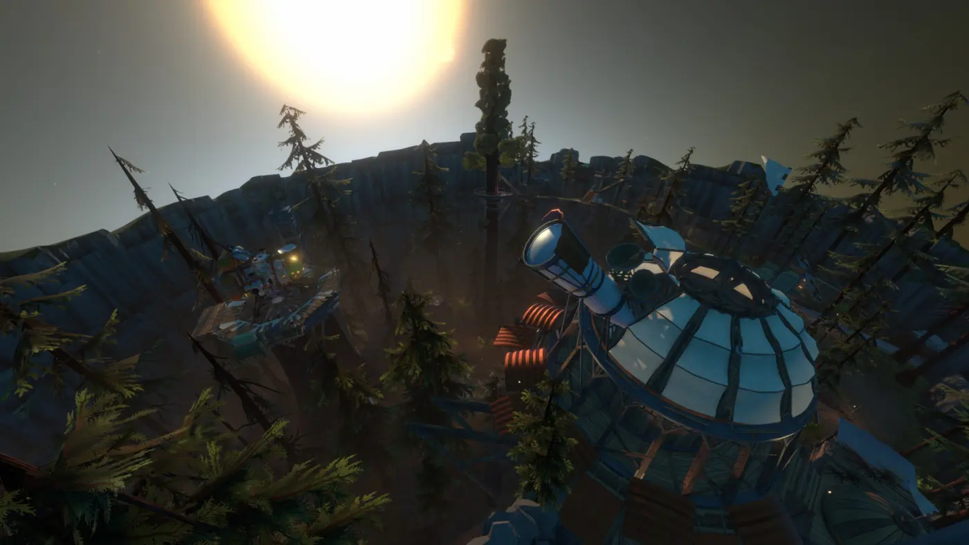 Outer Wilds — leśna osada z obserwatorium tuż przed wschodem słońca